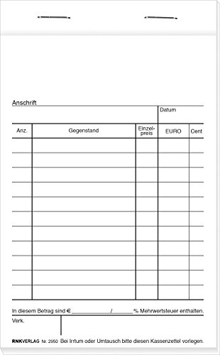 RNKVERLAG 2950 - Kassenblock - oben geheftet, 2 x 50 Blatt, 96 x 167 mm, ohne Nummerierung, 10 Stück RNKVERLAG 2950 - Kassenblock - oben geheftet, 2 x 50 Blatt, 96 x 167 mm, ohne Nummerierung, 10 Stück von RNKVERLAG