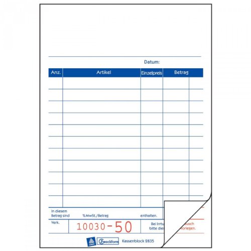 RNKVERLAG 2952F - Kassenblock - zweifarbig, oben geheftet, 2 x 50 Blatt, nummeriert, 96 x 167 mm von RNKVERLAG