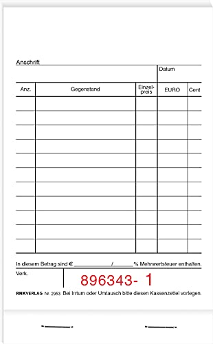 RNKVERLAG 2953 - Kassenblock - unten geheftet, 2 x 50 Blatt, 96 x 175 mm, nummeriert, 10 Stück RNKVERLAG 2953 - Kassenblock - unten geheftet, 2 x 50 Blatt, 96 x 175 mm, nummeriert, 10 Stück von RNKVERLAG