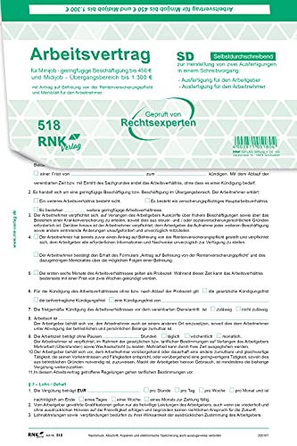 RNKVERLAG 518 - Arbeitsvertrag für geringfügig und Teilzeit Beschäftigte - SD, 2 x 2 Blatt + Zusatzblatt, DIN A4, 1 Stück von RNKVERLAG