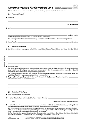 RNKVERLAG 519 - Untermietvertrag für Gewerberäume und -flächen, 4 Seiten, gefalzt auf DIN A4, 10 Stück von RNKVERLAG