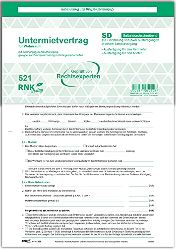 RNKVERLAG 521 - Untermietvertrag für Wohnräume - SD, 2 x 2 Blatt, DIN A4, mit Wohnungsgeberbescheinigung, 25 Stück von RNKVERLAG