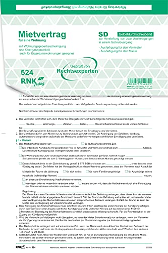 RNKVERLAG 524 - Universal-Mietvertrag für Wohnungen - SD, mit Übergabeprotokoll und Wohnungsgeberbescheinigung, 4 x 2 Blatt, DIN A4, 25 Stück von RNKVERLAG