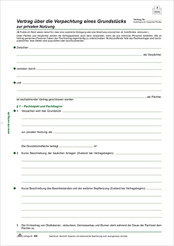 RNKVERLAG 556 - Vertrag über die Verpachtung eines Grundstücks, 4 Seiten, gefalzt auf DIN A4, 10 Stück von RNKVERLAG