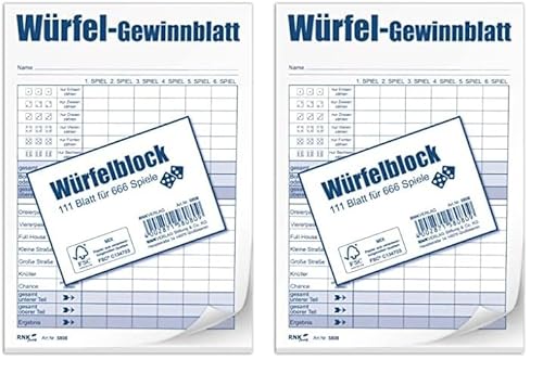 RNKVERLAG 5808 - Würfelspiel-Gewinnblatt, Block, DIN A6, FSC-Mix, 1 x 111 Blatt für 666 Spiele, 1 Stück (Packung mit 2) von RNKVERLAG
