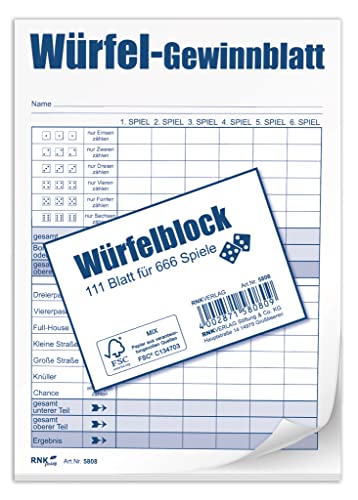 RNKVERLAG 5808 - Würfelspiel-Gewinnblatt, Block, DIN A6, FSC-Mix, 1 x 111 Blatt für 666 Spiele, 1 Stück RNKVERLAG 5808 - Würfelspiel-Gewinnblatt, Block, DIN A6, FSC-Mix, 1 x 111 Blatt für 666 Spiele, 1 Stück von RNKVERLAG