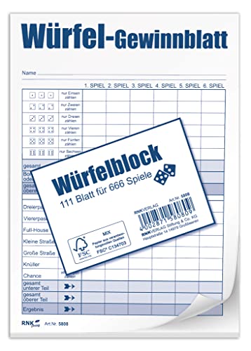 RNKVERLAG 5808 - Würfelspiel-Gewinnblatt, Block, DIN A6, FSC-Mix, 1 x 111 Blatt für 666 Spiele, 1 Stück von RNKVERLAG