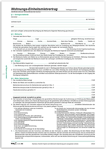 RNKVERLAG 599 - Wohnungs- Einheitsmietvertrag, 4 Seiten, gefalzt auf DIN A4, mit Wohnungsgeberbescheinigung, 50 Stück von RNKVERLAG