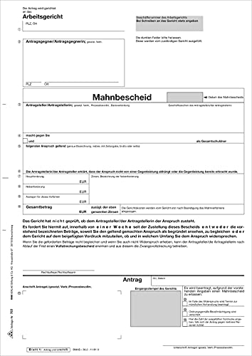 RNKVERLAG 703 - Antrag Mahn- und Vollstreckungsbescheid Arbeitsgericht - SD, 1 x 5 Blatt, DIN A4, 25 Stück von RNKVERLAG
