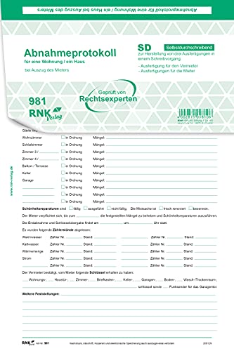 RNKVERLAG 981 - Wohnungs- Abnahmeprotokoll - SD, 2 x 2 Blatt, DIN A4, 25 Stück von RNKVERLAG