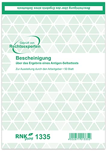 RNKVERLAG Verlag 1335 - Bescheinigung über das Ergebnis eines Antigen-Selbsttest, Block, DIN A5, 50 Blatt von RNKVERLAG