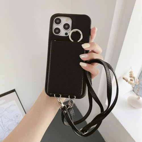 RNOZX Für iPhone 11 Pro Max Ringhalter Spiegel Kartensteckplatz Hülle Crossbody Wallet Lanyard Lederhülle (Für iPhone 11 Pro Max/Schwarz) von RNOZX