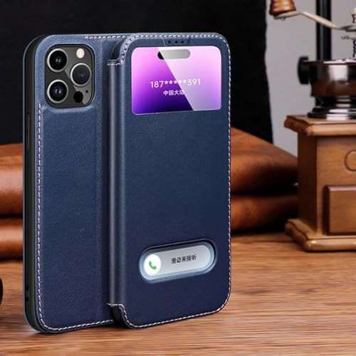 RNOZX Für iPhone 12 Pro Max Leder Clear View Window Phone Case Magnetische Flip-Cover (Für iPhone 12 Pro Max/Blau) von RNOZX
