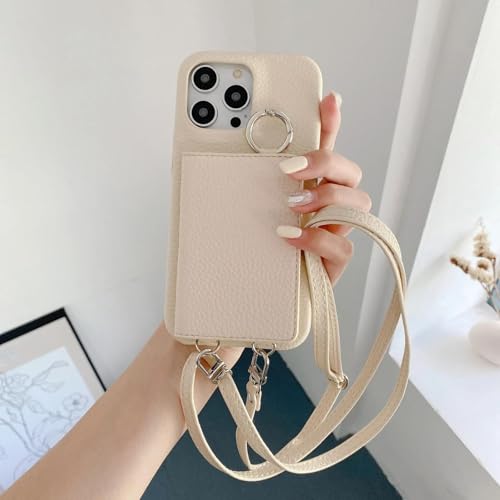 RNOZX Für iPhone 12 Pro Max Ringhalter Spiegel Kartensteckplatz Hülle Crossbody Wallet Lanyard Lederhülle (Für iPhone 12 Pro Max/Beige) von RNOZX