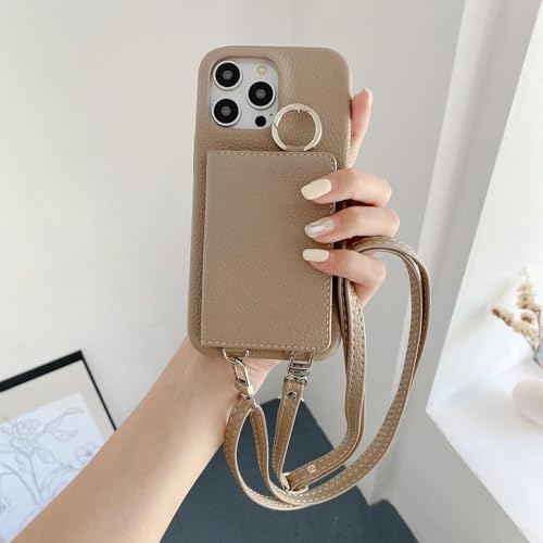 RNOZX Für iPhone 12 Pro Max Ringhalter Spiegel Kartensteckplatz Hülle Crossbody Wallet Lanyard Lederhülle (Für iPhone 12 Pro Max/Khaki) von RNOZX