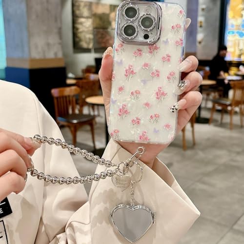 RNOZX Für iPhone 12 ProMax Laser Shell Pattern Floral Case Herz Spiegel Armband Cover Halter Glitter Case (Für iPhone 12 ProMax/White GS) von RNOZX