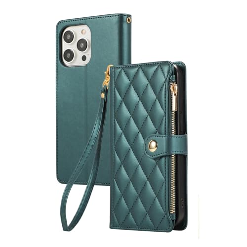 RNOZX Für iPhone 12Mini Crossbody Reißverschluss Karten Brieftasche Ledertasche Tasche Geldbörse Flip Book Strap Cover (Für iPhone 12Mini/grün) von RNOZX