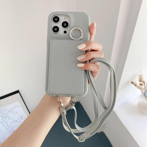 RNOZX Für iPhone 13 Pro Max Ringhalter Spiegel Kartensteckplatz Hülle Crossbody Wallet Lanyard Lederhülle (Für iPhone 13 Pro Max/Blaugrau) von RNOZX