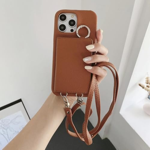 RNOZX Für iPhone 13 Pro Max Ringhalter Spiegel Kartensteckplatz Hülle Crossbody Wallet Lanyard Lederhülle (Für iPhone 13 Pro Max/Braun) von RNOZX