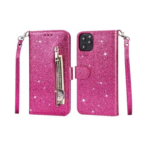 RNOZX Für iPhone 14 Plus Wallet Glitter Zipper Magnetic Flip Leder Kartenhalter Case Cover (Für iPhone 14 Plus/Rosenrot) von RNOZX
