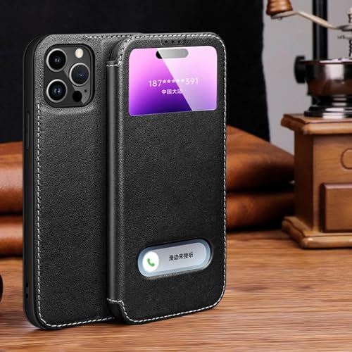 RNOZX Für iPhone 14 Pro Max Leder Clear View Window Phone Case Magnetische Flip-Cover (Für iPhone 14 Pro Max/schwarz) von RNOZX