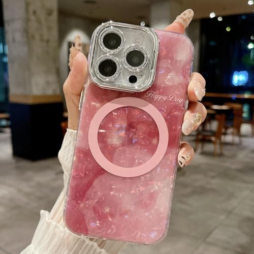 RNOZX Für iPhone 14 ProMax für Shell Pattern Cover Fold Camera Holder Case Glitter Lens Film Case (Für iPhone 14 ProMax/Pink) von RNOZX