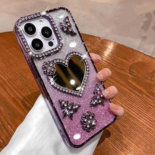 RNOZX Für iPhone 16 Herz Make-up Spiegel Hülle Plating Butterfly Cover Glitzer Hülle (Für iPhone 16/Lila) von RNOZX
