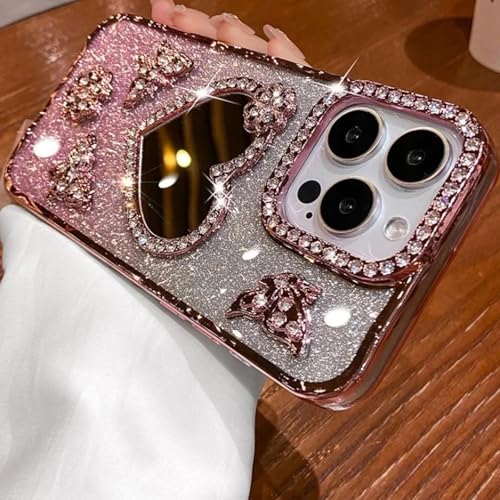 RNOZX Für iPhone 16 Herz Make-up Spiegel Hülle Plating Butterfly Cover Glitzer Hülle (Für iPhone 16/Pink) von RNOZX
