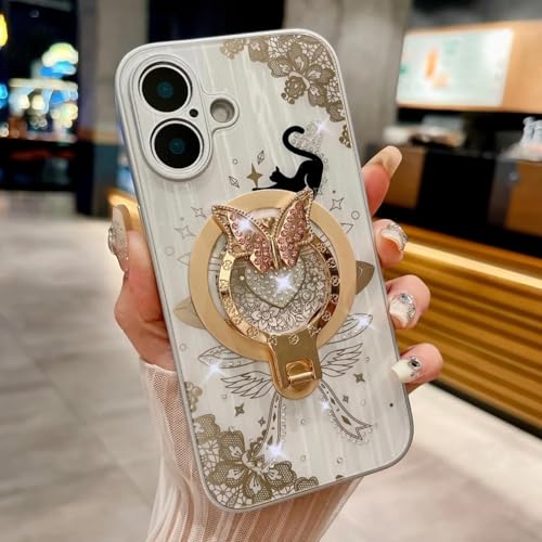 RNOZX Für iPhone 16 Luxus-Schmetterlingshalterungsabdeckung Magnetische Hüllen Galvanisierte Hülle (Für iPhone 16/Weiß) von RNOZX