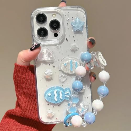 RNOZX Für iPhone 16 Plus Glitter Tropfkleber Kleine Fischhülle Perlenarmbandabdeckung Transparente Hülle (Für iPhone 16 Plus/Fish GS) von RNOZX