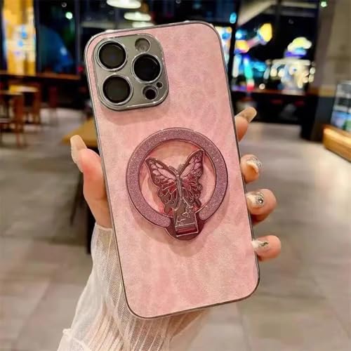 RNOZX Für iPhone 16 Plus Print Leder Schmetterling Halterung Fall Matte Cover (Für iPhone 16 Plus/Pink) von RNOZX