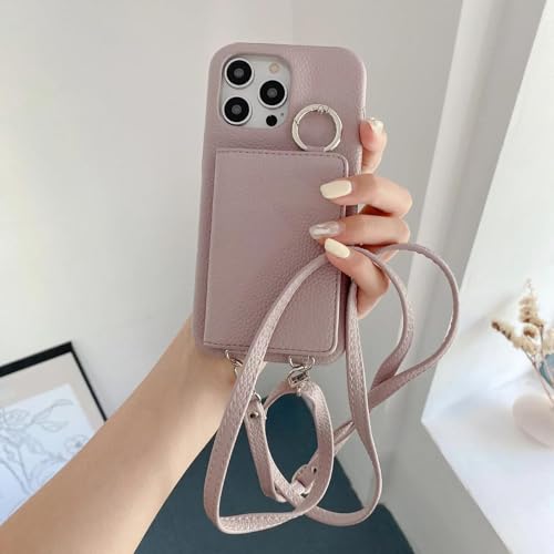 RNOZX Für iPhone 16 Plus Ringhalter Spiegel Kartensteckplatz Hülle Crossbody Wallet Lanyard Lederhülle (Für iPhone 16 Plus/Hellviolett) von RNOZX