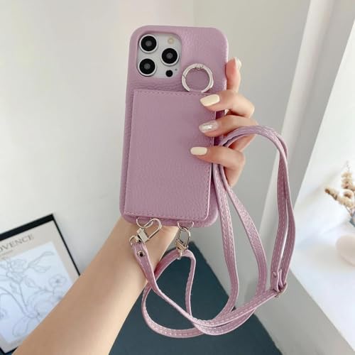 RNOZX Für iPhone 16 Plus Ringhalter Spiegel Kartensteckplatz Hülle Crossbody Wallet Lanyard Lederhülle (Für iPhone 16 Plus/Lila) von RNOZX