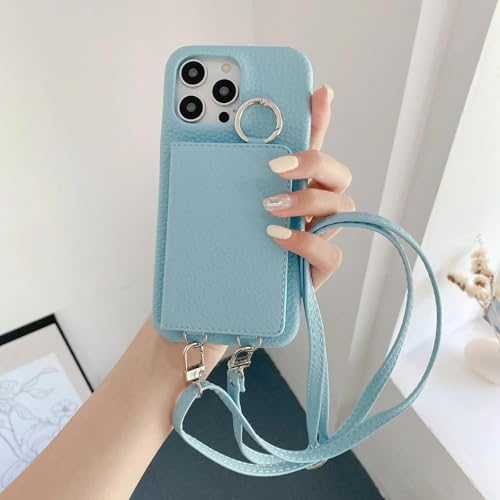 RNOZX Für iPhone 16 Pro Max Ringhalter Spiegel Kartensteckplatz Hülle Crossbody Wallet Lanyard Lederhülle (Für iPhone 16 Pro Max/Himmelblau) von RNOZX