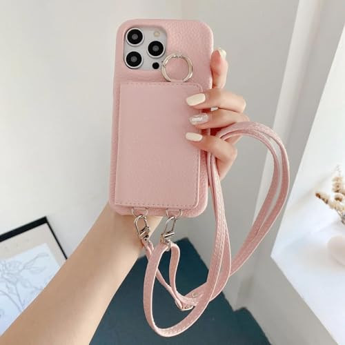 RNOZX Für iPhone 16 Pro Max Ringhalter Spiegel Kartensteckplatz Hülle Crossbody Wallet Lanyard Lederhülle (Für iPhone 16 Pro Max/Pink) von RNOZX