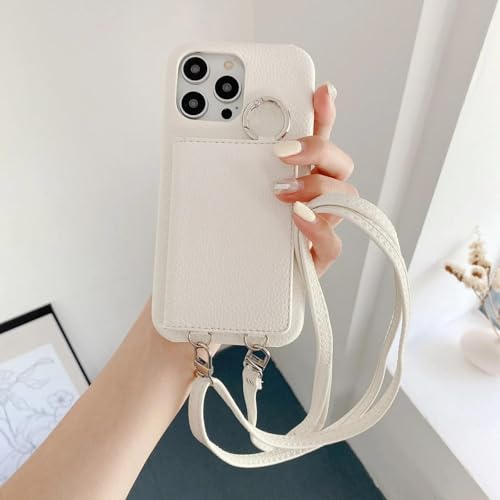 RNOZX Für iPhone 16 Pro Max Ringhalter Spiegel Kartensteckplatz Hülle Crossbody Wallet Lanyard Lederhülle (Für iPhone 16 Pro Max/Weiß) von RNOZX