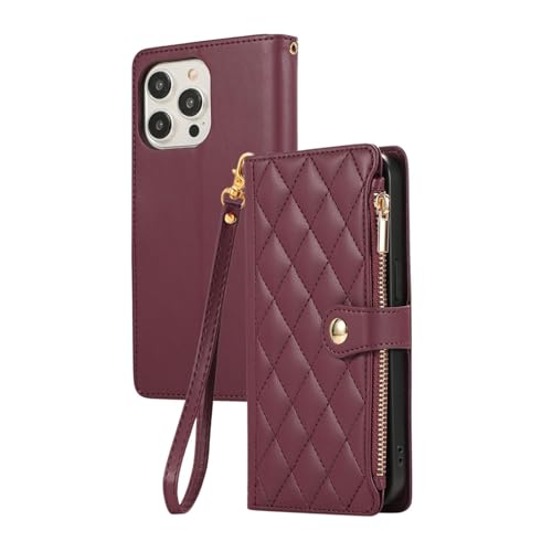 RNOZX Für iPhone XR Crossbody Reißverschluss Karten Brieftasche Ledertasche Tasche Geldbörse Flip Book Strap Cover (Für iPhone XR/Dunkelrot) von RNOZX