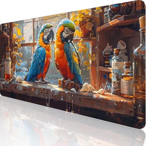 Blau Mauspad XXL 1000x500x3mm, Groß Gaming Mauspad Papagei, Vernähte Kanten, Wasserdicht und Rutsch Mousepad PC Laptop verbessert Präzision und für Office Schreibtischunterlage/Tischunterlage N-V-N von RNXAOPEN