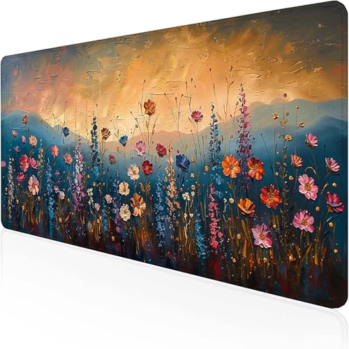 Blume Mauspad 600 x 300 x 3mm, Gaming Mauspad Orange Farbe Schreibtischunterlage with Stitched Edges Wassxerdicht Non-Slip Rubber Base Desk Mat für Pc, Büro Gaming Zubehör Laptop, Geschenke C-9 von RNXAOPEN