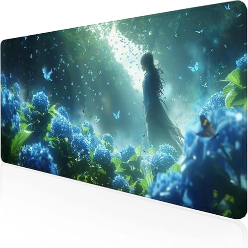Blumenmeer Mauspad 1500x800mm, Gaming Mauspad Blau Schreibtischunterlage with Stitched Edges Wassxerdicht Non-Slip Rubber Base Desk Mat für Pc, Büro Gaming Zubehör Laptop, Geschenke für Männer U-5 von RNXAOPEN