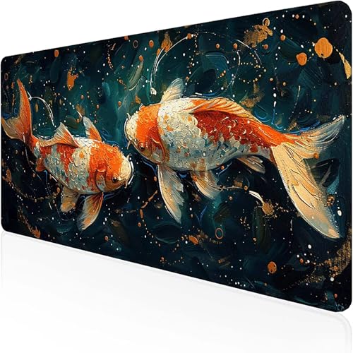 Koi Mauspad (800 x 300 mm), Gaming Mauspad Gelb Schreibtischunterlage with Stitched Edges Wassxerdicht Non-Slip Rubber Base Desk Mat für Pc, Büro Gaming Zubehör Laptop, Geschenke für Männer L-9 von RNXAOPEN