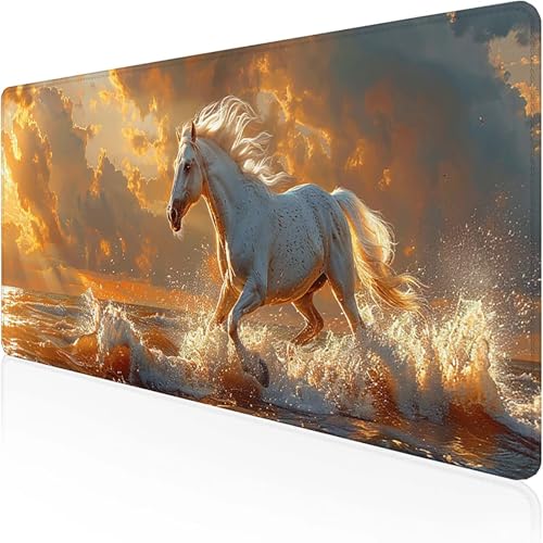 Pferd Mauspad (600 x 300 mm), Gaming Mauspad Orange Farbe Schreibtischunterlage with Stitched Edges Wassxerdicht Non-Slip Rubber Base Desk Mat für Pc, Büro Gaming Zubehör Laptop, Geschenke 0-T von RNXAOPEN