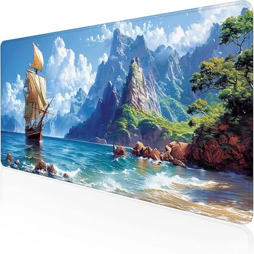 Segelboot Mauspad 800 x 400 x 3mm, Gaming Mauspad Blau Schreibtischunterlage with Stitched Edges Wassxerdicht Non-Slip Rubber Base Desk Mat für Pc, Büro Gaming Zubehör Laptop, Geschenke 1-8 von RNXAOPEN