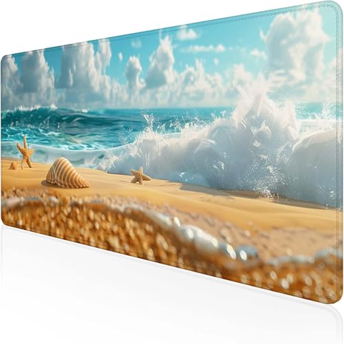 Strand Mauspad (800 x 400 mm), Gaming Mauspad Blau Schreibtischunterlage with Stitched Edges Wassxerdicht Non-Slip Rubber Base Desk Mat für Pc, Büro Gaming Zubehör Laptop, Geschenke für Männer 6-0 von RNXAOPEN