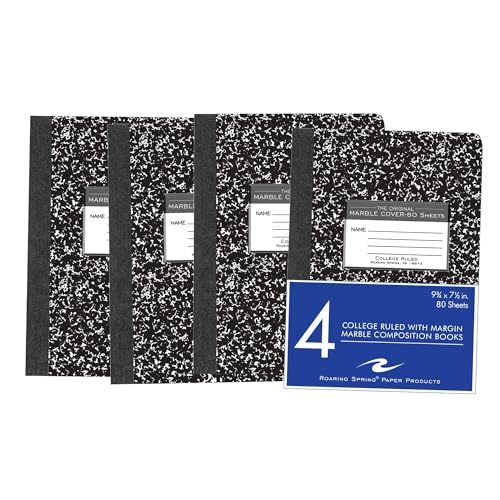 Roaring Spring Kompositions-Notizbücher, 4 Stück, liniert, 80 Blatt, weißes Papier Nr. 15, 24,8 x 19,7 cm, hergestellt in den USA, Hartpappe, schwarzer Marmor-Einband von ROARING SPRING