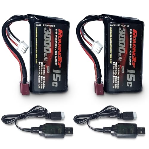 RoaringTop 3000 mAh 2S 7,4 V Li-Ion-Akku wiederaufladbar mit Deans T Plug für WLtoys 4WD High Speed RC Auto und die meisten RC Autos Maßstab 1/10, 1/12, 1/16 LKW von ROARINGTOP