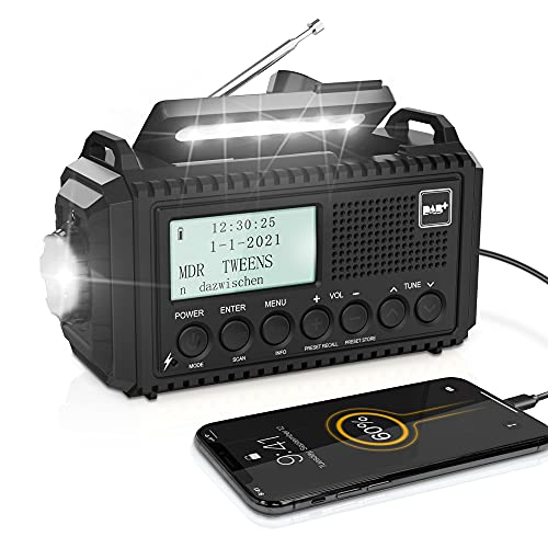 DAB/DAB+/UKW Digitalradio mit Eingebaute 5000mAh Akku Solar Radio Notfallradio mit USB Handyladefunktion Camping Radio mit LED Taschenlampe Leselampe SOS Alarm Tragbares Kurbelradio für Outdoor von ROCAM