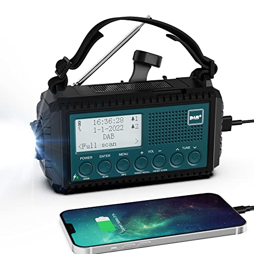 Kurbelradio DAB/DAB+/UKW, Baustellenradio Radio Batteriebetrieben, Tragbare Solar Notfallradio mit 5000mAh Wiederaufladbare Akku, LED Taschenlampe & Leselicht, IPX4, SOS-Alarm für Outdoor, Camping von ROCAM