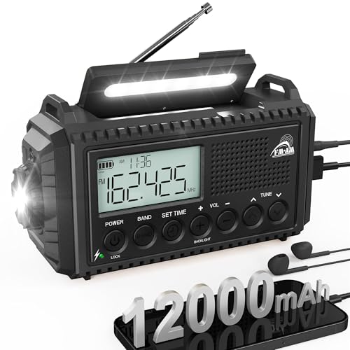 Kurbelradio mit Solar & 12000mAh Powerbank | AM/FM/SW Notfallradio, USB-C Handyladung, SOS-Alarm, Taschenlampe & Leselampe | Radio mit Weltempfänger | Wasserdicht, Tragbar für Camping, Outdoor,Schwarz von ROCAM