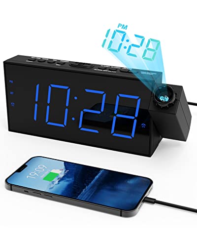 ROCAM Projektion Wecker für Schlafzimmer, Wecker Digital mit USB Ladegerät, Batterie-Backup, 350°Projektor & Dimmer, Großer LED-Anzeige,12/24H, DST, Snooze, Digital Uhr für Kinder von ROCAM